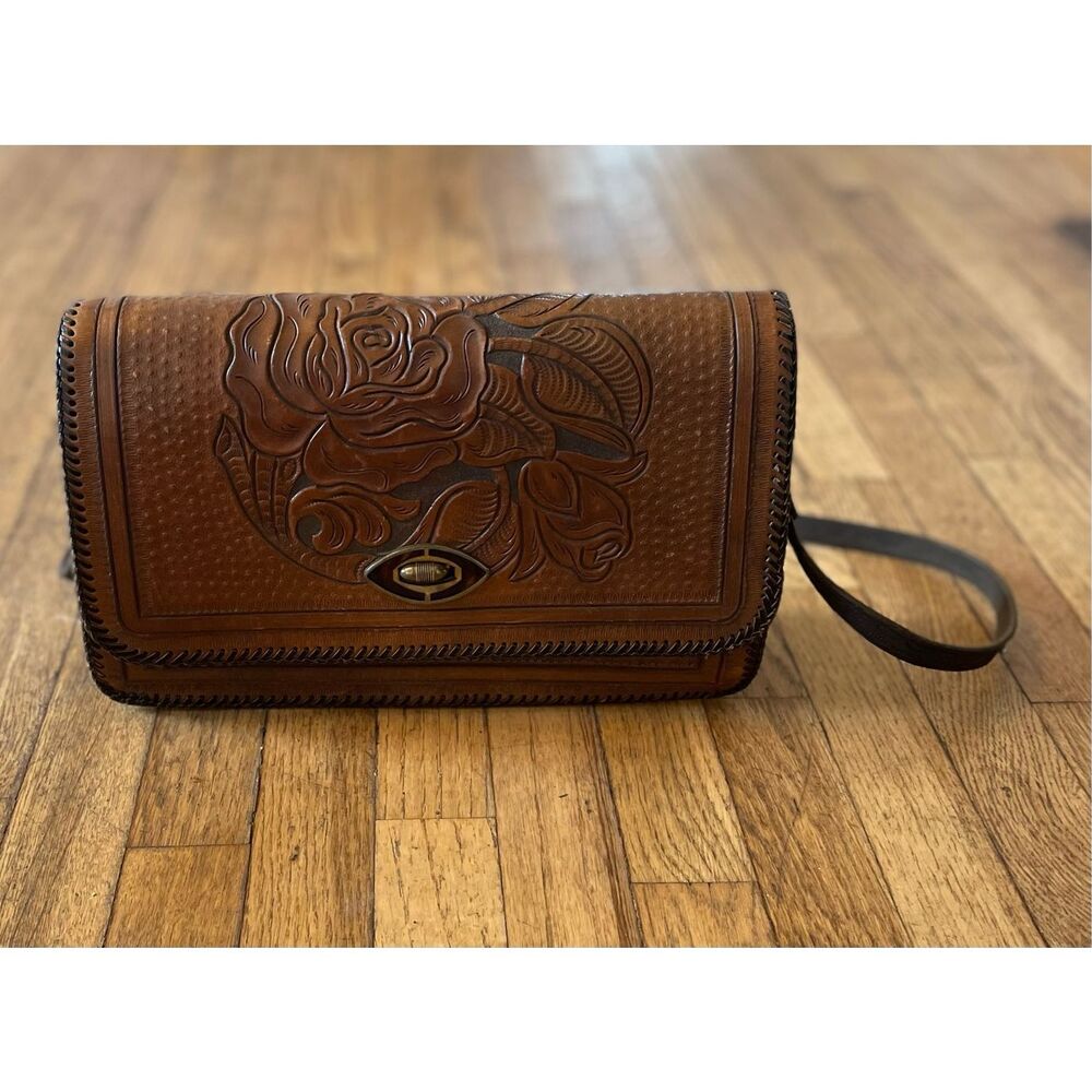 Vintage Hand Tooled Leather Crossbody Bag Floral  Western Cowgirl